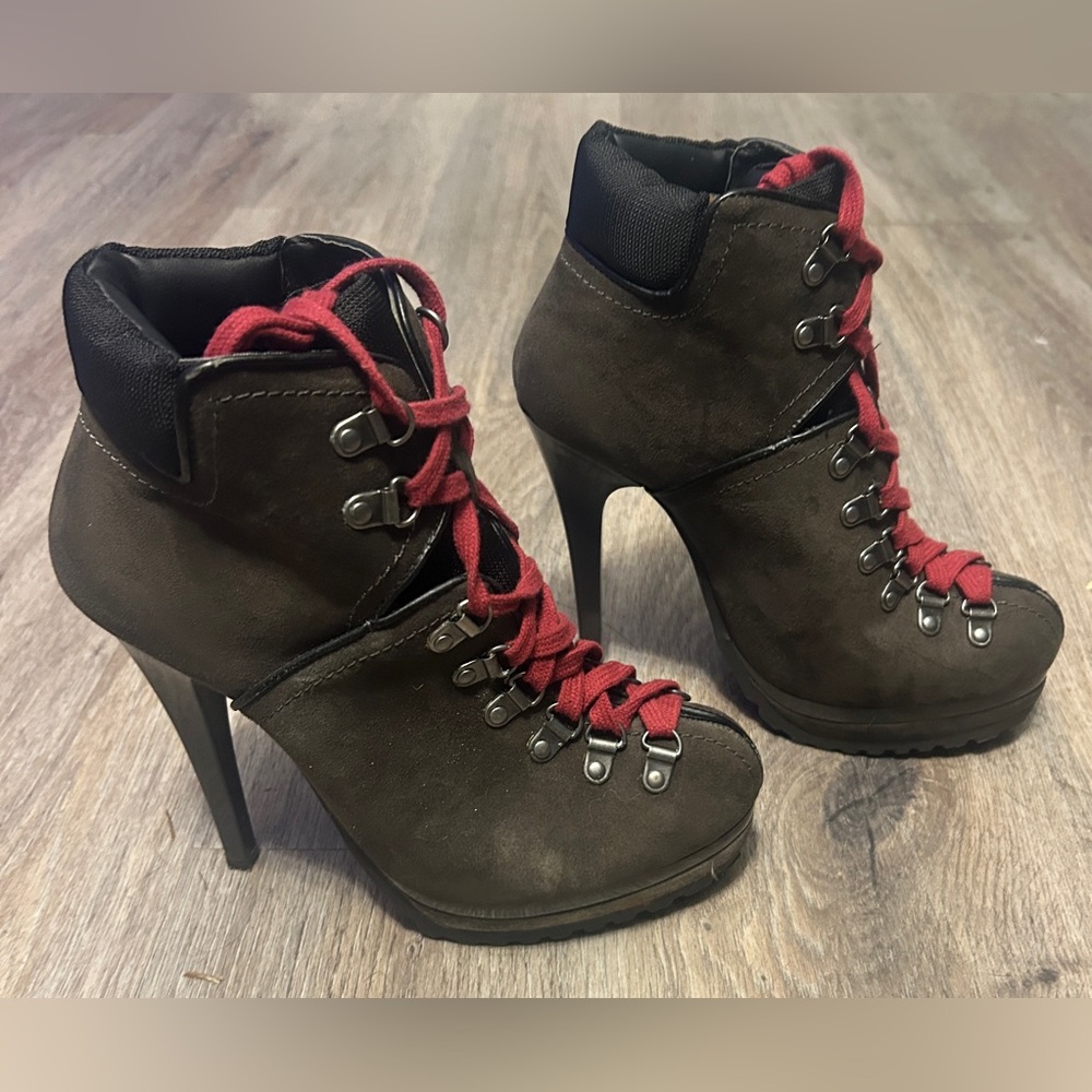 XHILARATION high heel lace up Suede Stiletto brown boots women's size 9.5